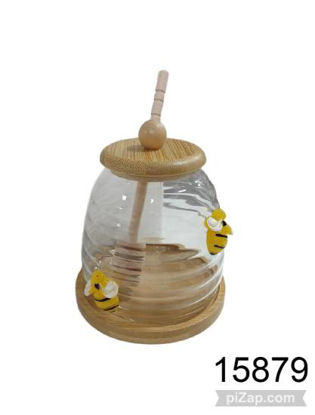 Imagen de MIELIERO DE VIDRIO CON TAPA/CUCHARA Y BASE DE BAMBOO 3.26